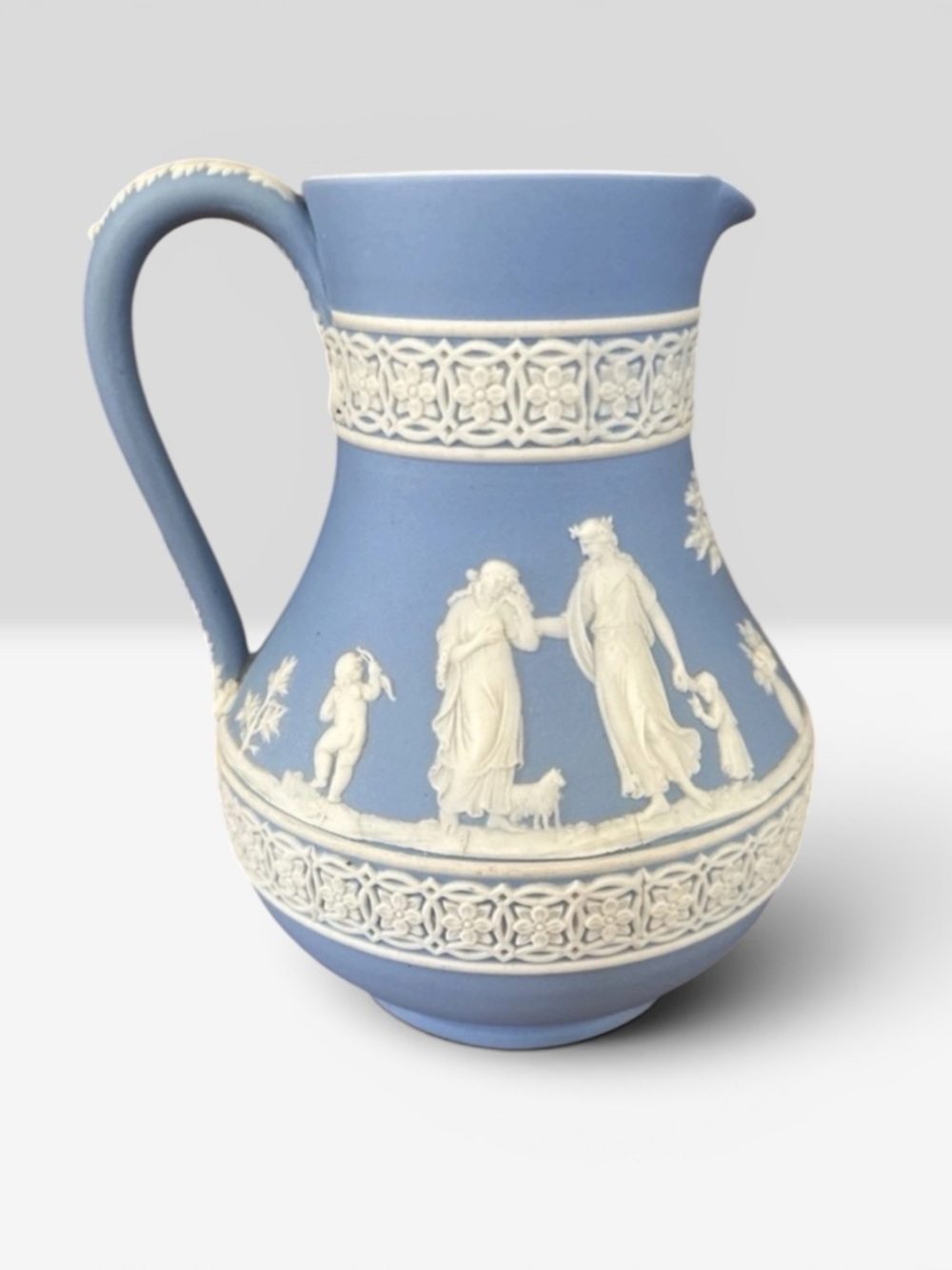 Wedgwood England Blue Jasperware Classical Jug Pitcher Neoclassical White Relief